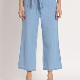 BAESD Women Straight Fit High-Rise Pleated Denim Culottes Trousers-image-8