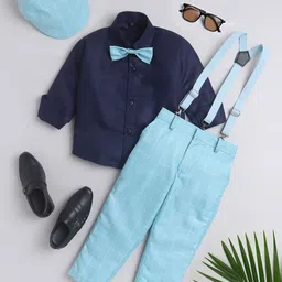 BAESD Boys Checked Long Sleeves Shirt With Trousers Cap Bow & Suspenders-image-99