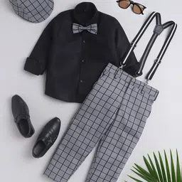 BAESD Boys Checked Long Sleeves Shirt With Trousers Cap Bow & Suspenders-image-29