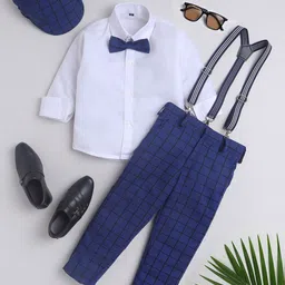 BAESD Boys Checked Long Sleeves Shirt With Trousers Cap Bow & Suspenders-image-98
