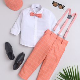 BAESD Boys Checked Long Sleeves Shirt With Trousers Cap Bow & Suspenders-image-13