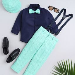 BAESD Boys Checked Long Sleeves Shirt With Trousers Cap Bow & Suspenders-image-97