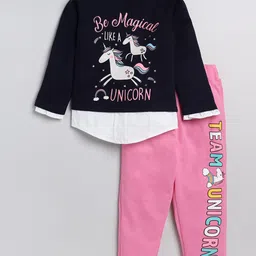 YK Girls Navy Blue & Pink Unicorn Printed T-shirt Shirt with Trousers-image-55