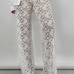 StyleCast Women White Floral Laced High-Rise Easy Wash Sheer Parallel Trousers-picture-42