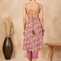 Anouk Pink Floral Printed V-Neck Regular Pure Cotton A-Line Kurta With Trousers-picture-2
