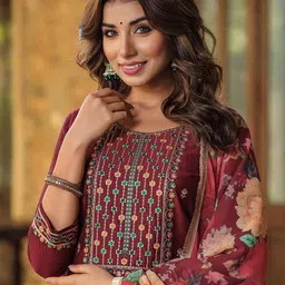 AHIKA Round Neck Floral Embroidered Thread Work Kurta With Trousers & Dupatta-picture-33