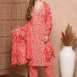 FASHOR Floral Printed Mirror Work Straight Kurta With Trousers & Dupatta-picture-17