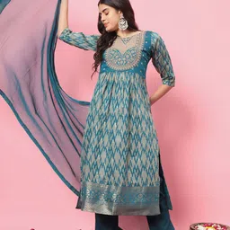 VredeVogel Abstract Printed Thread Work Empire A-Line Kurta With Trousers & Dupatta-42