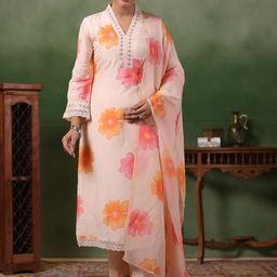 PARNAVI Women Floral Printed Regular Sequinned Kurta with Trousers & With Dupatta-13