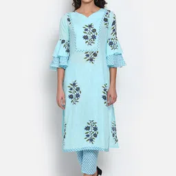 MARC LOUIS Women Blue Floral Printed Pure Cotton Kurta With Trousers-picture-55