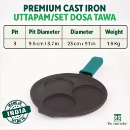 the indus valley Pre-Seasoned Cast Iron Uttapam Tawa with Silicon Grip - 9 inch 3 Pit Tawa 23 cm diameter image 2