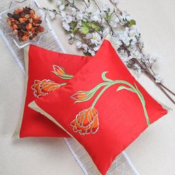 ANS Red & Green Set of 2 Floral Square Cushion Covers-9