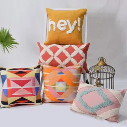 BLANC9 Yellow & Pink Set of 5 Geometric Square & Rectangle Cotton Cushion Covers-19