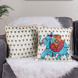 STITCHNEST White & Turquoise Blue 2 Pieces Floral Velvet Square Cushion Covers-image-54