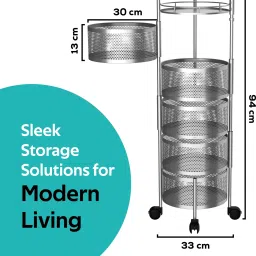 kuber industries 5-Tier Rotating Multipurpose Storage Rack Trolley with Wheels | Silver Iron Fruit & Vegetable Basket image 4