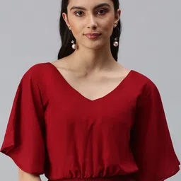 SHOWOFF Maroon Smocked Crepe Blouson Top-image-88