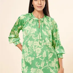 Marigold Lane Floral Printed Tie-Up Neck Cuffed Sleeves Regular Top-12