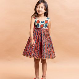 Sangria Girls Rust & Blue Chevron Printed Pure Cotton Fit & Flare Dress-picture-13
