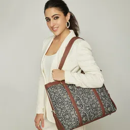 ZOUK Navy Blue & Beige Floral Print Leather Handcrafted 16 Inch Sustainable Laptop Bag-93