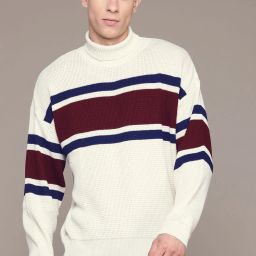 Men Striped Turtle Neck White Sweater-image-69
