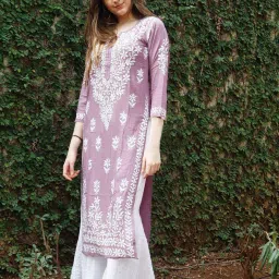 Women Embroidered Cotton Blend Straight Kurta-image-1