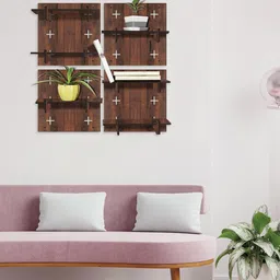 RANDOM Coffee Brown Set of 4 Square Wood Modular Wall Shelves-17