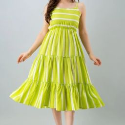 Women Tiered Light Green, White Midi/Calf Length Dress-image-2