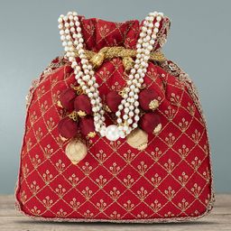 Peora Red & Gold-Toned Embroidered Potli Clutch-image-48