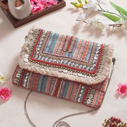 Swisni Women Orange & White Embellished Fabric Purse Clutch-image-41