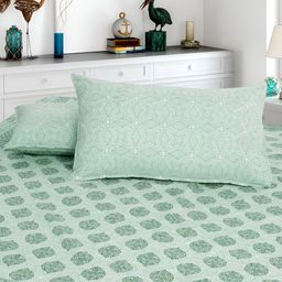 Aura Green & White Ethnic Motifs 160 TC Cotton King Bedsheet with 2 Pillow Covers-image-78