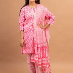 Sangria Girls Ethnic Motifs Printed Pure Cotton A-line Kurta With Trousers & Dupatta-image-16