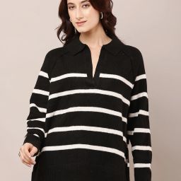 Women Striped Collared Neck Black Sweater-image-2