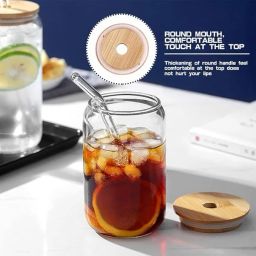 Stylish Borosilicate Glass Tumbler with Lid, Straw & Handle. Glass Beer Glass-image-72