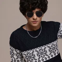 Men Self Design Round Neck Blue Sweater-image-44