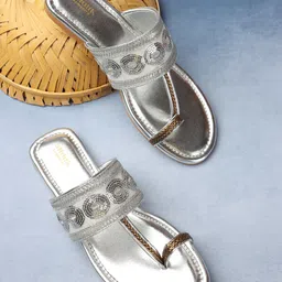 Anouk  Silver-Toned Embellished Embroidered Open One Toe Flats-38