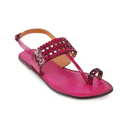 Metro Women Pink T-Strap Leather Flats with Laser Cuts-picture-45