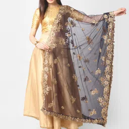 Dupatta Bazaar Navy Blue & Gold Embroidered Dupatta with Beads and Stones Details-34