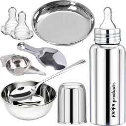 New Born Baby Full Gift Set Steel Feeding Bottle, Feeder, Spoons, Bowl, Plate - 300 ml-image-36
