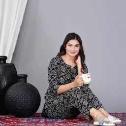 Women Night Suit Set Black Printed-image-37