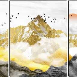 Golden Ascent – Abstract Mountain Landscape with Sun & Birds 3 Panel Wall Art Digital Reprint 18 inch x 12 inch Painting-image-4