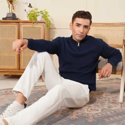 Men Self Design High Neck Blue Sweater-image-55