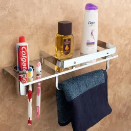 Stainless Steel Mirror Chrome Finish 4 in 1 Multipurpose Bathroom Shelf/Rack/Towel Hanger/Bathroom Accessories With Ceramic Soap Case and Tumbler Holder Silver Towel Holder-picture-27