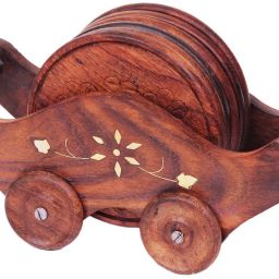 Wooden Miniature Boat With Wheel Tea Coffee Drink Coaster Set of 6 Brass Inlay Coasters For Dining Showpiece (7X4 INCH, Brown) Coasters Serving Set-3