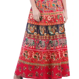 Exotic India Paisleys & Elephants Printed Cotton Wrap-On Pilkhuwa Long-Skirt-picture-2