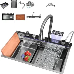 Digital Display Integrated Waterfall Sink,All In One 30X18X9 INCH Kitchen Sink, Multifunction Sink, Waterfall Sink, Ss 304 Kitchen Sink Vessel Sink-0