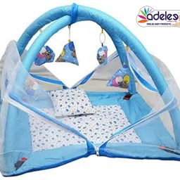 odelee Cotton Infants Washable Bedding Set with Foldable Mattress, Mosquito Net and Pillow Sky Blue Mosquito Net image 2