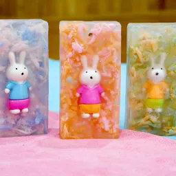 Soap with Rabbit Eraser| Handmade / Handcrafted & Hand cut| Kids/ Baby friendly Organic Soap for All skin with colorful shreds (120 gms approx.)(Rabbit, Pack Of 3)-picture-0