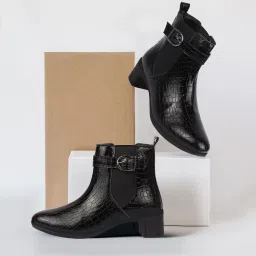 Flared Heel High Ankle Leopard Print Embossed Winter Buckle Strap Chelsea Boots For Women-image-44