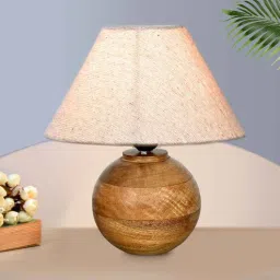 homesake Round Wood Rustic Table Lamp, Nordic Fabric Shade, Jute-picture-4
