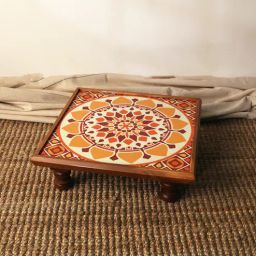 bambaise Yellow Teak Wood Large Bajot (14 x 14) with Mandala Art-picture-3